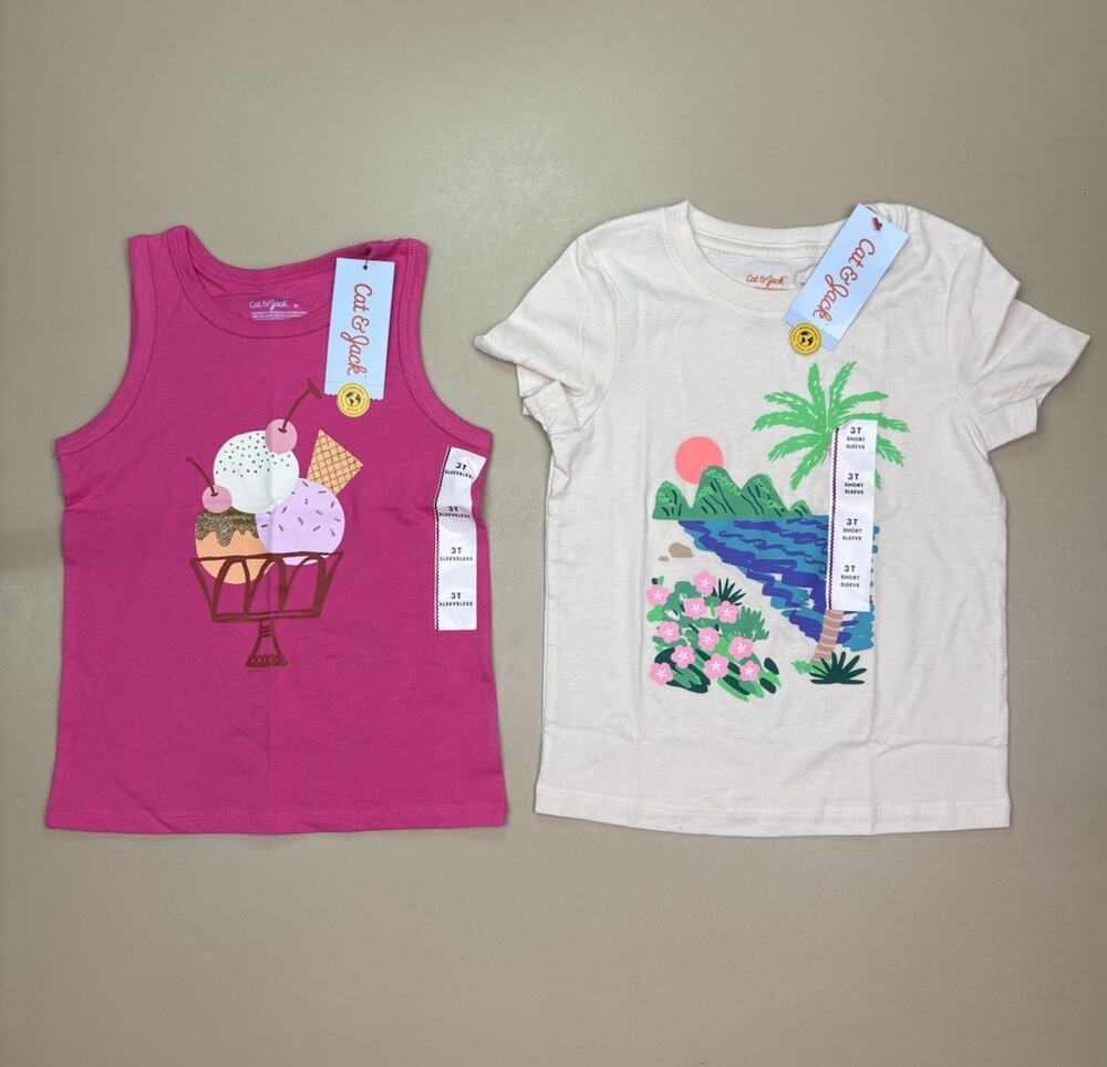 Cat & Jack Girls Shirt Bundle 3T Ice Cream Beach Graphic Tees NWT